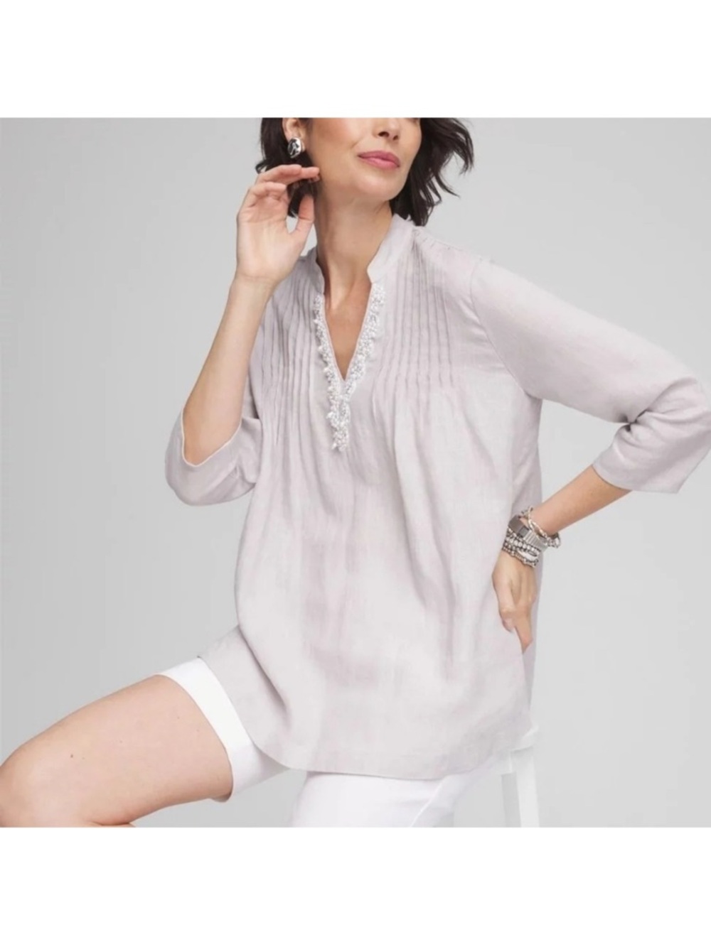 Chicos Womens US 12 Dove Gray Beaded Linen Kurta Embellished 3/4 Sleeve Blouse